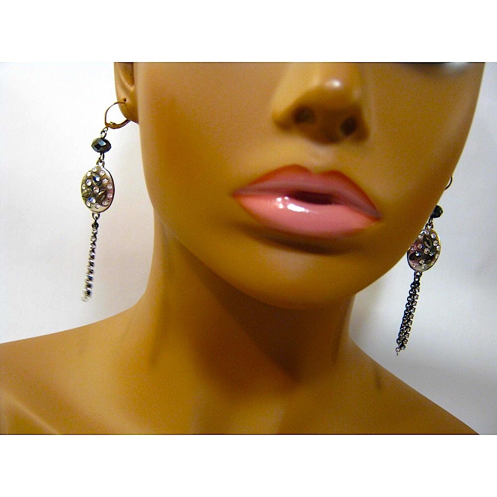 Silver Black Vintage Rhinestone Crystal Long Chain Drop Dangle Earrings 3 inch - Picture 4 of 7